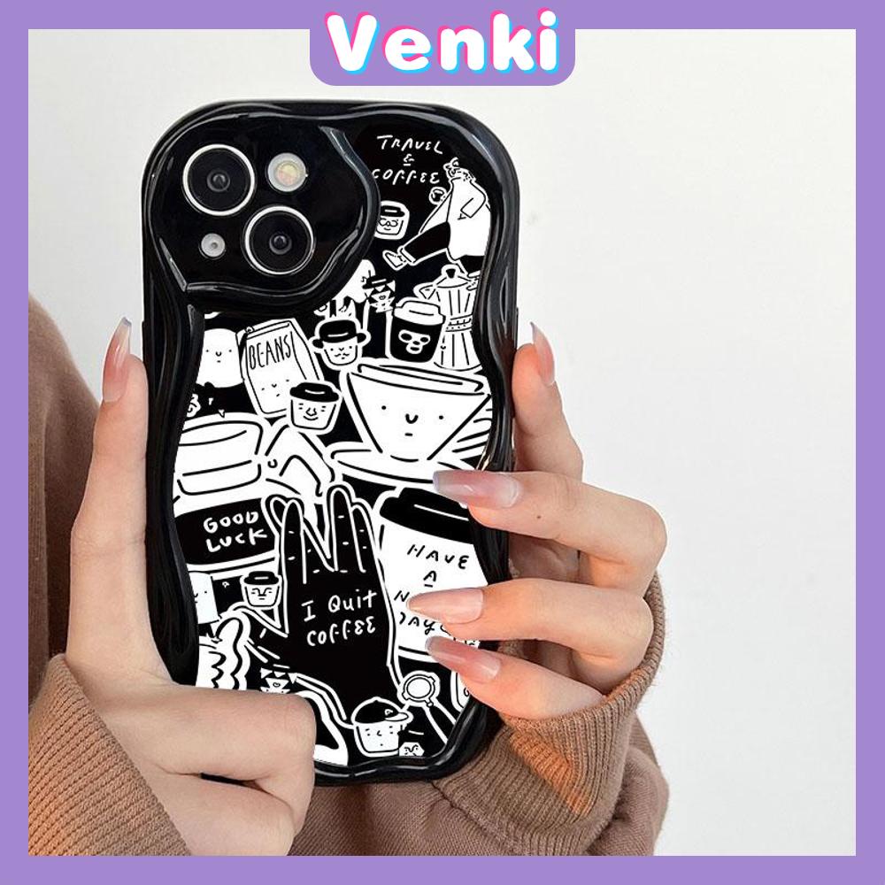 VENKI - Untuk iPhone 11 Case Tepi Melengkung Gelombang Case Glossy Hitam TPU Airbag Tahan Guncangan Kamera Case Gaya Seni Kreatif Kompatibel dengan iPhone 14 13 Pro max 12 Pro Max xr xs 7Plus 8Plus