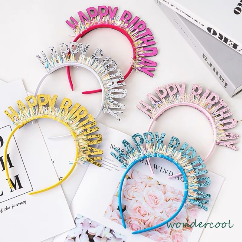 Bando Ulang Tahun Warna-warni Gaya Kreatif DIY Selamat Hairband Tata Letak Tempat Pesta Warna Cerah-Won