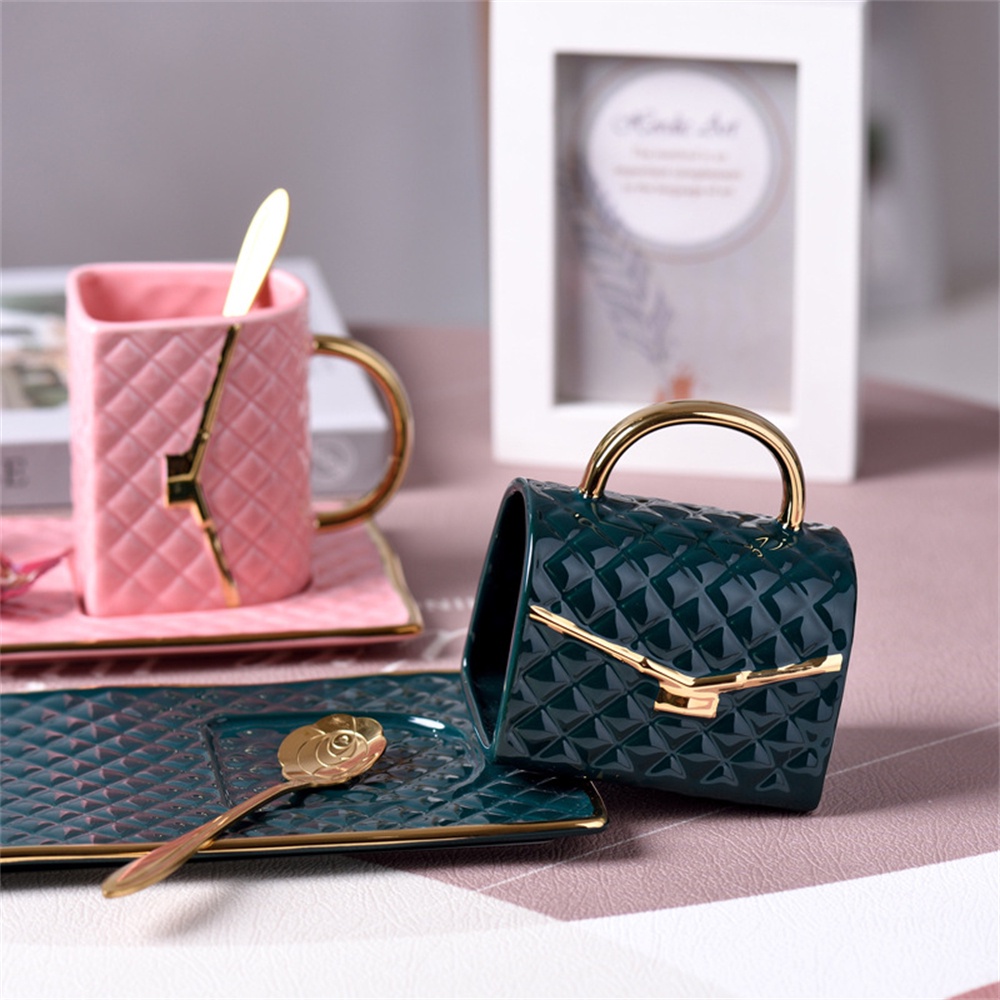 Handbag 240Ml Tas Tangan Berbentuk Cangkir Keramik Kapasitas Besar Cangkir Kopi dengan Coaster dan Sendok Sarapan Rumah Cangkir Dim Sum Piring Makanan Ringan Nampan Susu Mug Cangkir Teh