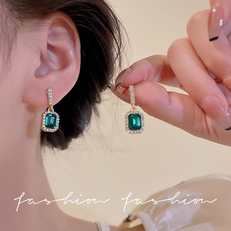 925 Perak Jarum Berlian Emerald Zircon Stud Earrings Fashion Desain Anting Aksesoris Wanita Hadiah