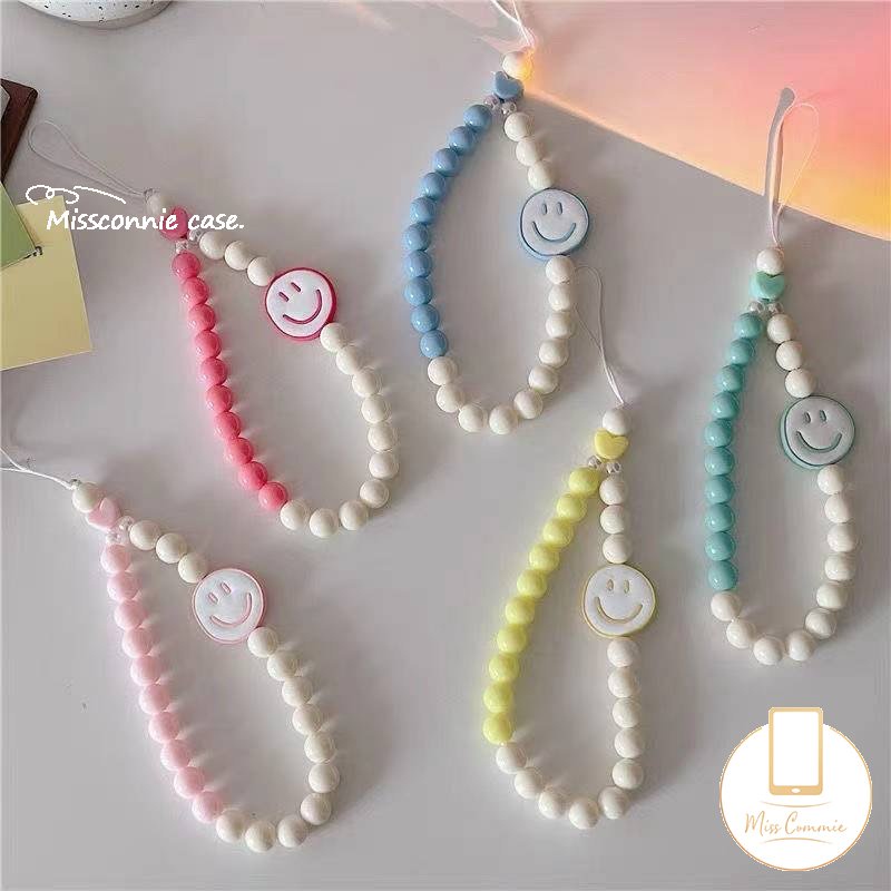 Macaron Permen Warna Rantai Telepon Universal Kreatif Mutiara Smiley Lucu Rantai Telepon Tali Strap Kpop Aksesoris Beragam Rantai Manik-Manik Gelang Gantungan Kunci Dekorasi Lanyard