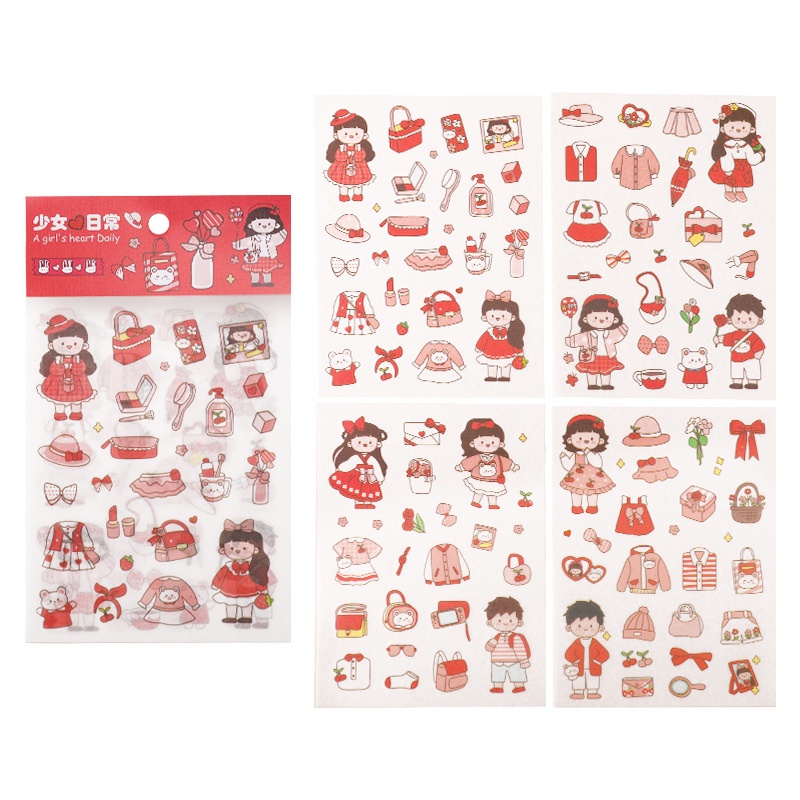 4lembar/set Kartun Gadis Anak Buku Pegangan Dekoratif Stiker DIY Diary Buku PVC Self-adhesive Stickers