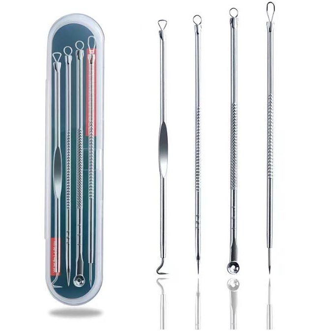 (NCS) Set Pinset Pemencet Komedo Alat Pembersih Pencabut Pengangkat Pencetan Jerawat Blackhead Remover Kit Stainless Steel Set 3 / 4 in 1 Pcs