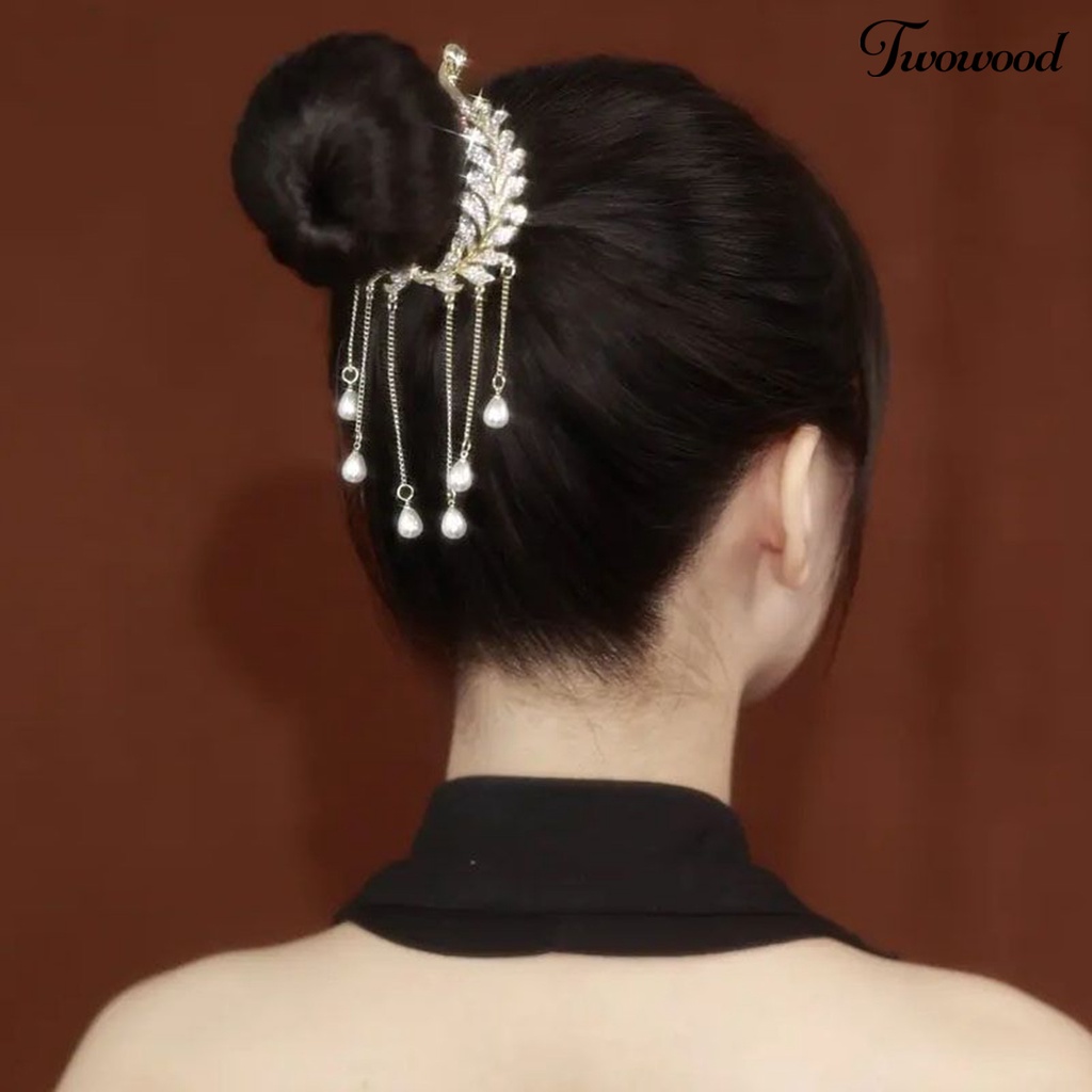 Twowood Bun Hair Claw Berlian Imitasi Rumbai Mutiara Imitasi Bentuk Daun Dengan Gigi Hiasan Rambut Alloy Mewah Anti-slip Bun Hair Crab Aksesoris Rambut