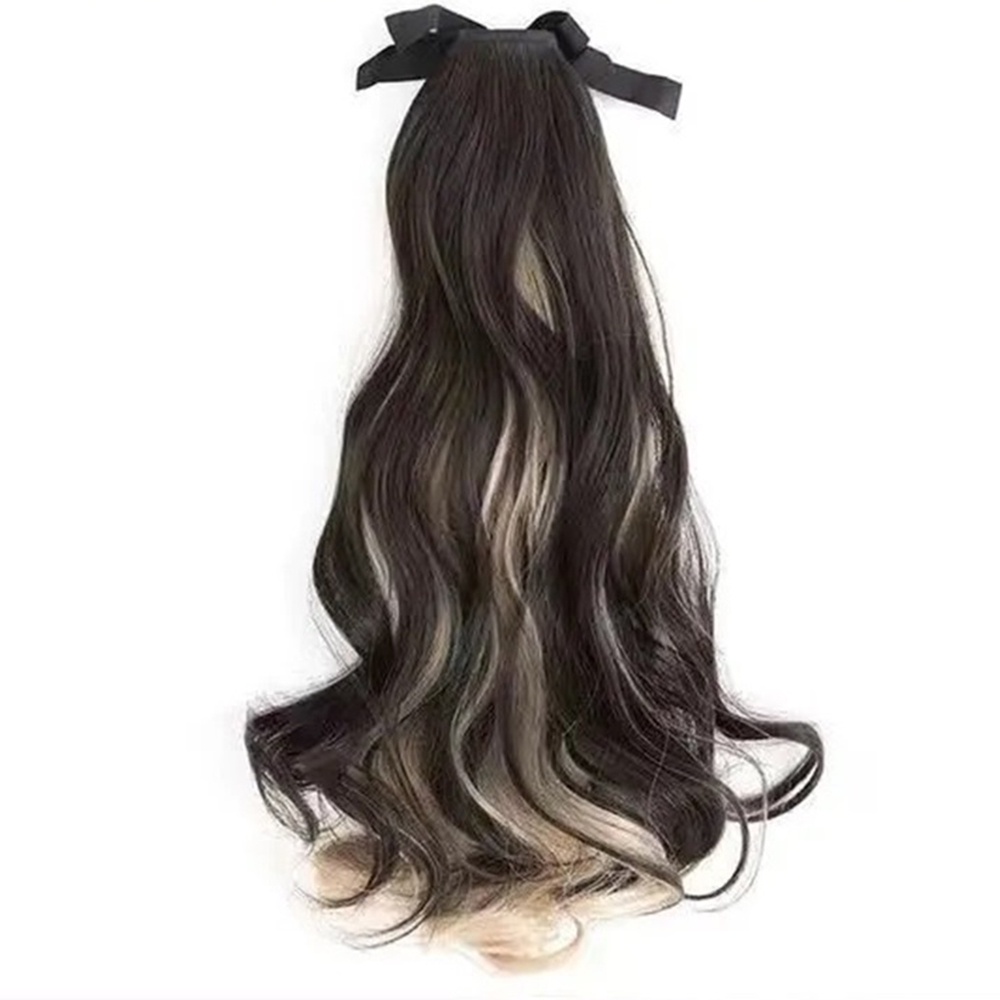 1pcs Y2k Gradient Haze Blue and Gold Rambut Panjang Bergelombang Ponytail Wig Untuk Wanita Aksesoris Rambut 50cm