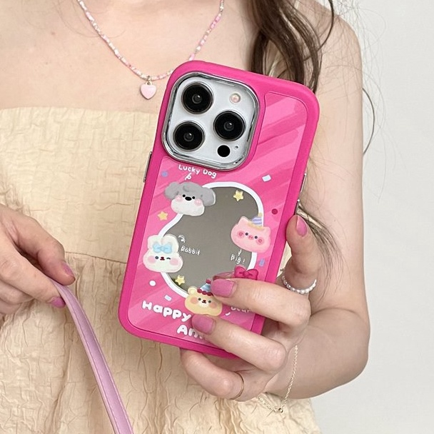 All New Mirror So Cute Pink Animal Party Silicone Soft Case IPhone 11 12 13 14 Pro Max Women's Fashion Gift Electroplated Camera Red Girl Phone Case