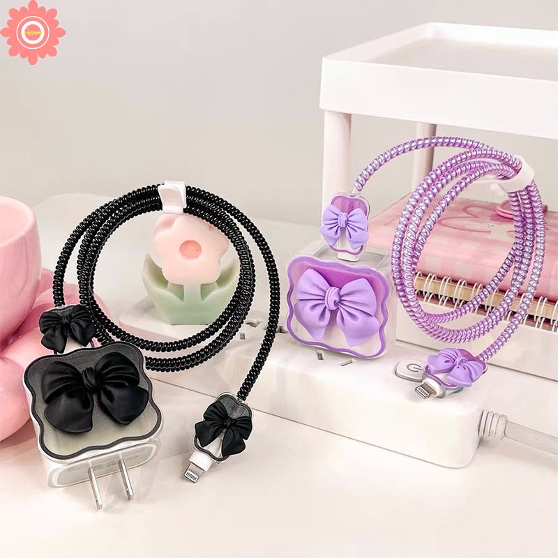 3d Macaron Warna Permen Manis Busur Charger Pelindung Charger Perlindungan Set Untuk iP 18/20W Charger Case USB Cable Bite Protector Cover