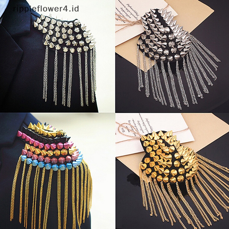 {rippleflower4.id} 1pc Vintage Rivet Rumbai Link Rantai Papan Epaulet Lencana Bahu Bros Punk~