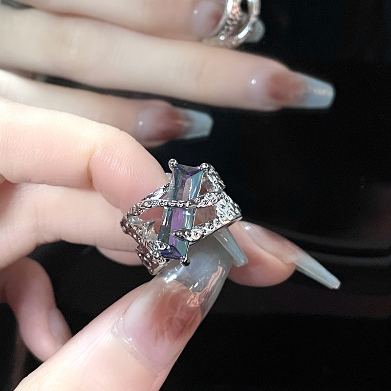 Punk Lava Cair Duri Pembukaan Cincin Yang Dapat Disesuaikan/ Wanita Retro Persegi Kristal Zirkon Jari Cincin/ Goth Berlubang-out Perhiasan Aksesoris