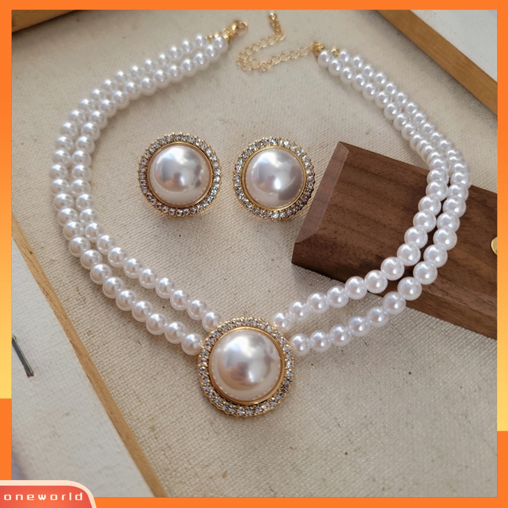 [WOD] 1set Kalung Pengantin Gaya Perancis Vintage Temperamen Double Layer Hadiah Elegan Hypoallergenic High Gloss Mutiara Imitasi Anting Cincin Perhiasan Pernikahan