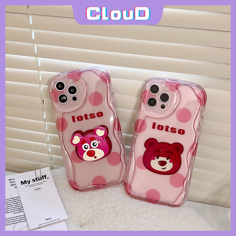 Casing Holder Handphone Untuk Redmi Note10 Pro Max 10s 8 11s 11 9 12 POCO M3 Redmi A1 9T 9 A2 10 9A 10C 10A 9C NFC Kartun Beruang Strawberry Lucu Manyo Dengan Bracket 3D Wavy Curved Edge Case