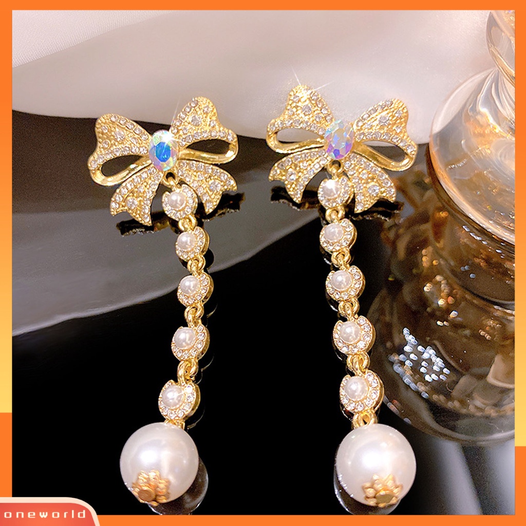 [WOD] 1pasang Anting Wanita Berlian Imitasi Mutiara Aksesori Panjang Lady Drop Earrings Untuk Pesta