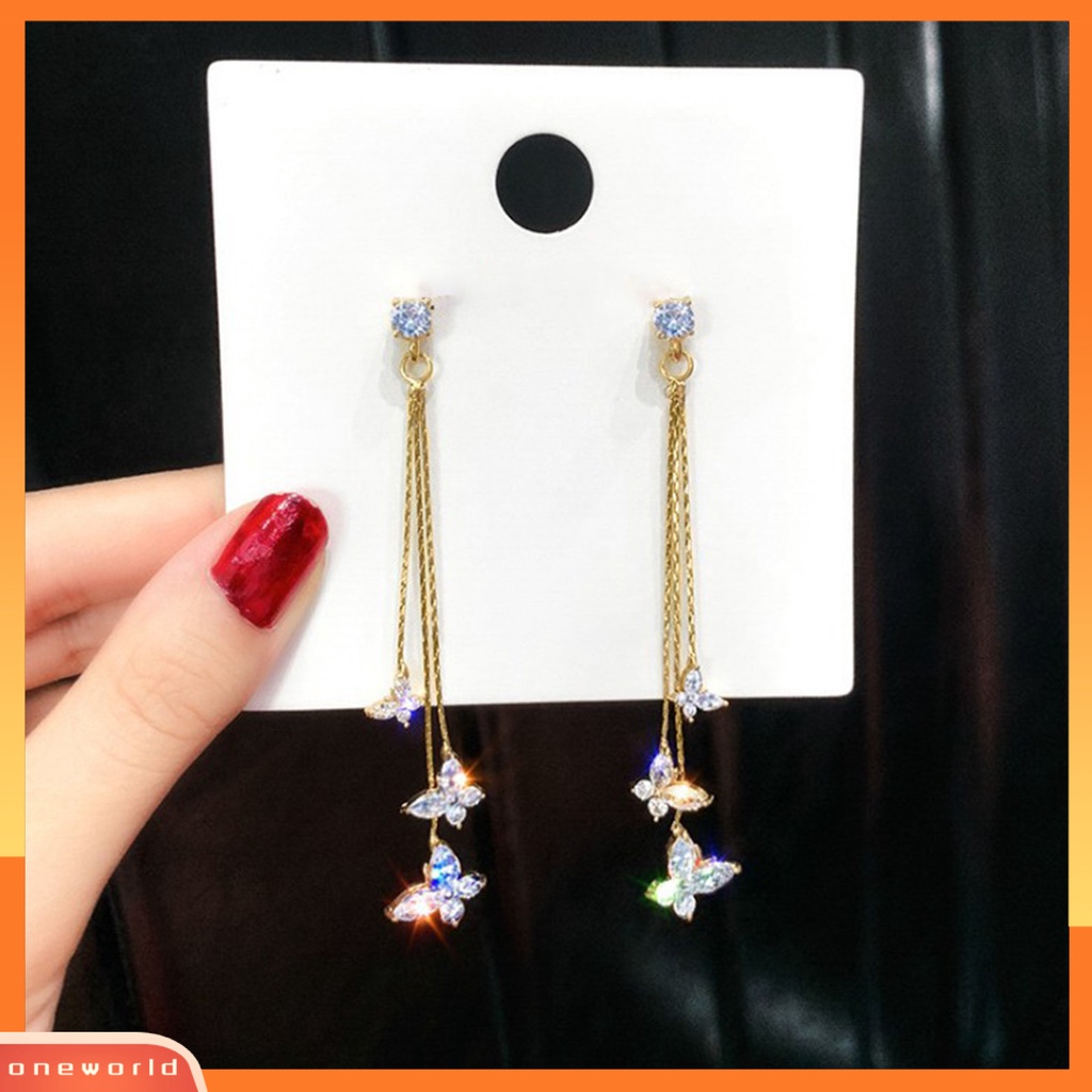 [WOD] 1pasang Drop Earrings Butterfly Rhinestones Perhiasan Berkilau Temperamen Menjuntai Anting Untuk Perjamuan