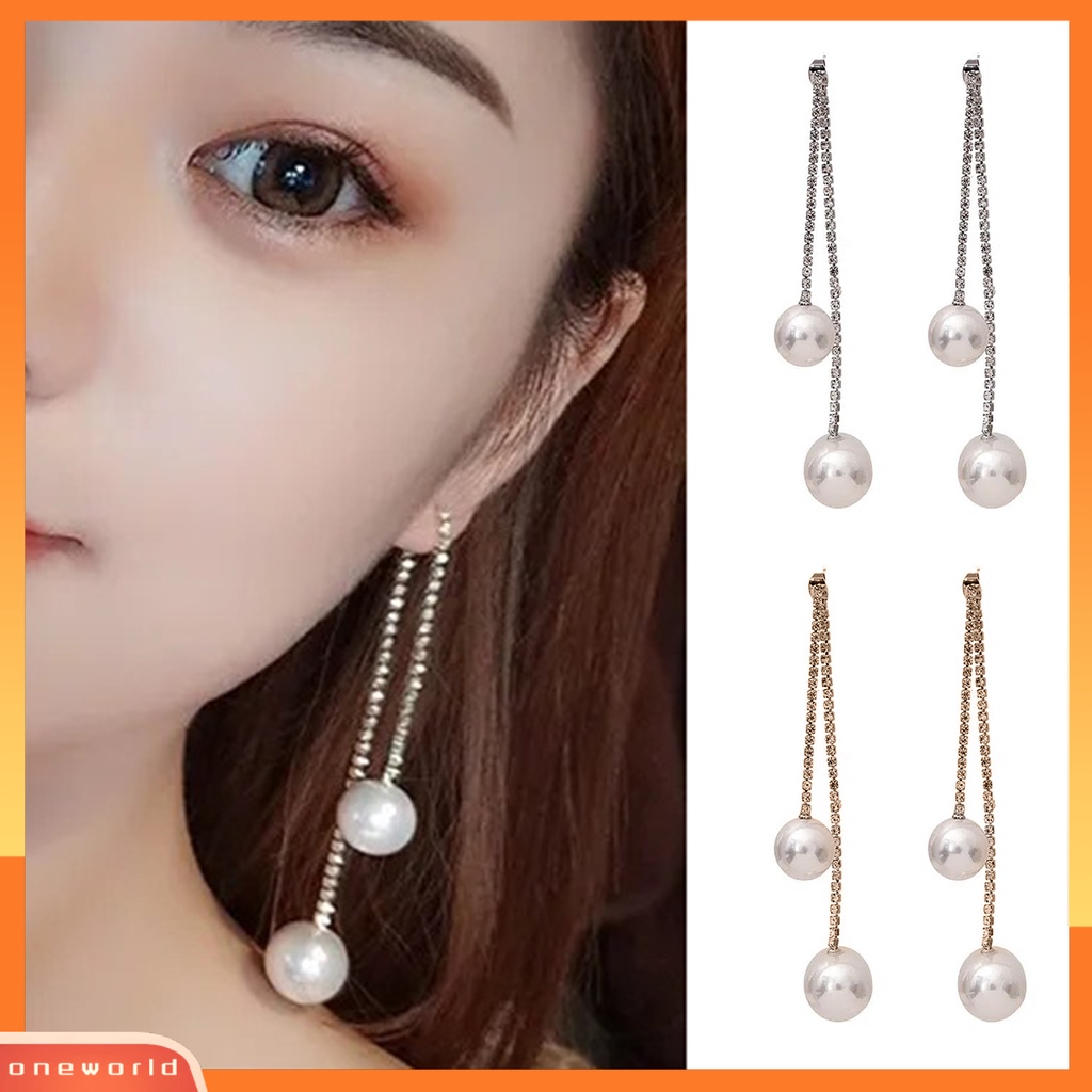 [WOD] 1pasang Anting Menjuntai Berlian Imitasi Mengkilap Hias Berkilau Geometris Anti Luntur Hias Hadiah Hari Valentine Wanita Mutiara Imitasi Panjang Rumbai Stud Earrings Fashion Perhiasan