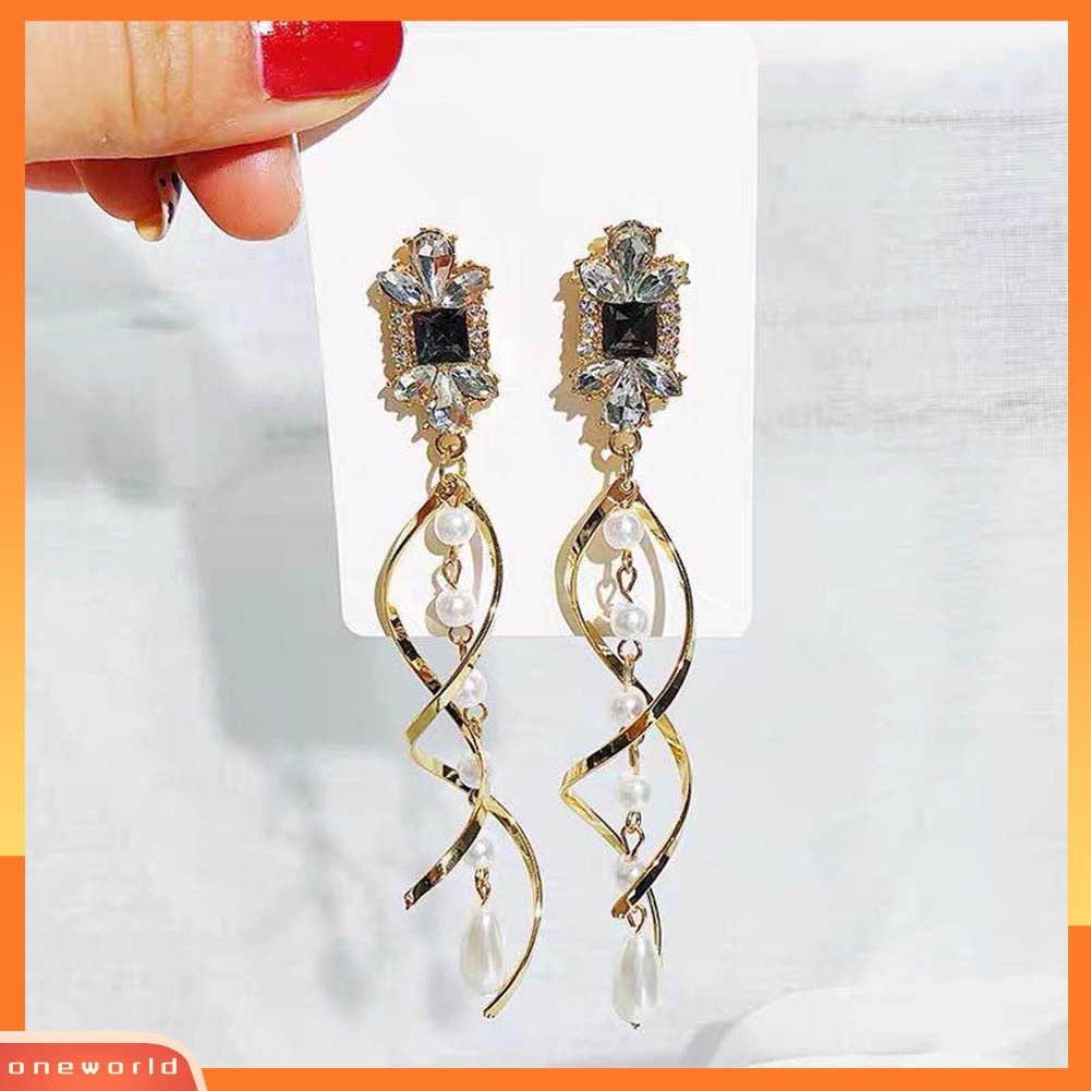 [WOD] Lady Mutiara Imitasi Berlian Imitasi Memutar Rumbai Panjang Menjuntai Ear Stud Earrings Jewelry