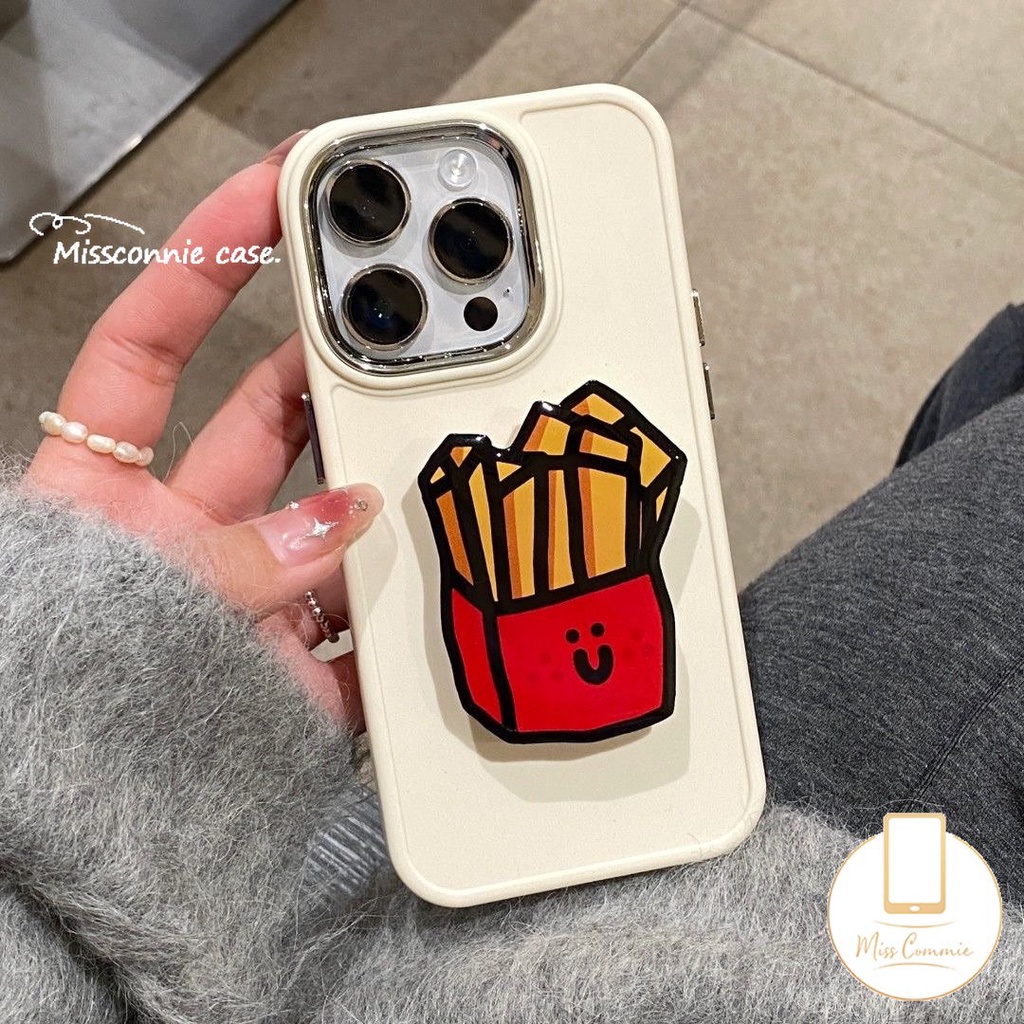 IPHONE Case Bingkai Lensa Logam Plating Warna Solid Sederhana Kompatibel Untuk Iphone7 8 Plus11 14 12 13 Pro MAX X XR XS MAX Soft Cover Dengan Beruang Lucu Puppy Pisang Kentang Goreng Bracket Aksesoris