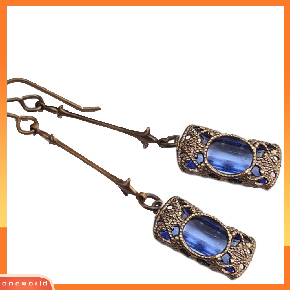 [WOD] Vintage Wanita Faux Gemstone Ukir Liontin Menjuntai Drop Hook Anting Perhiasan