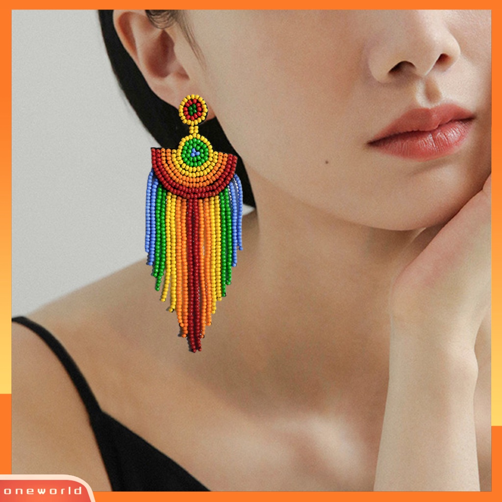 [WOD] 1pasang Anting Tusuk Warna-Warni Manik-Manik Jumbai Perhiasan Vintage Manik-Manik Menjuntai Earrings Untuk Pacaran