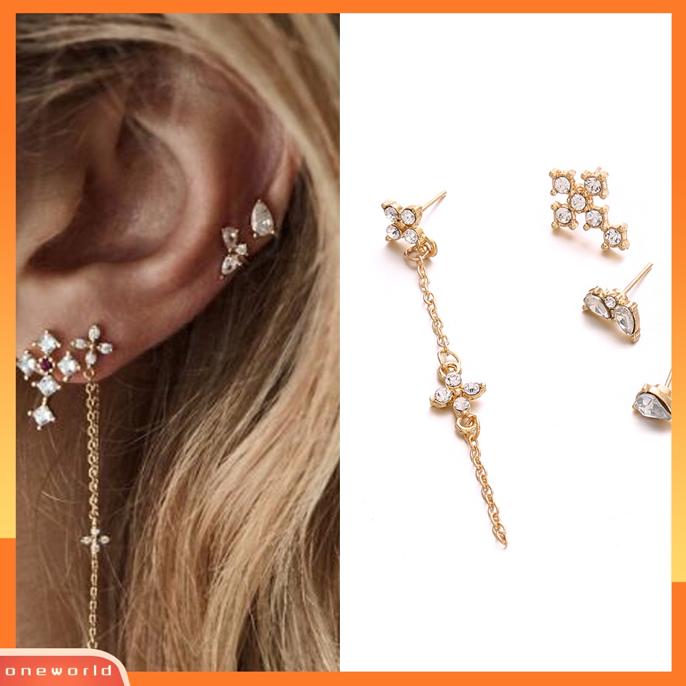 [WOD] 4 Pcs Berlian Imitasi Mengkilap Cross Rumbai Wanita Anting Perhiasan Pesona Pesta Ear Studs