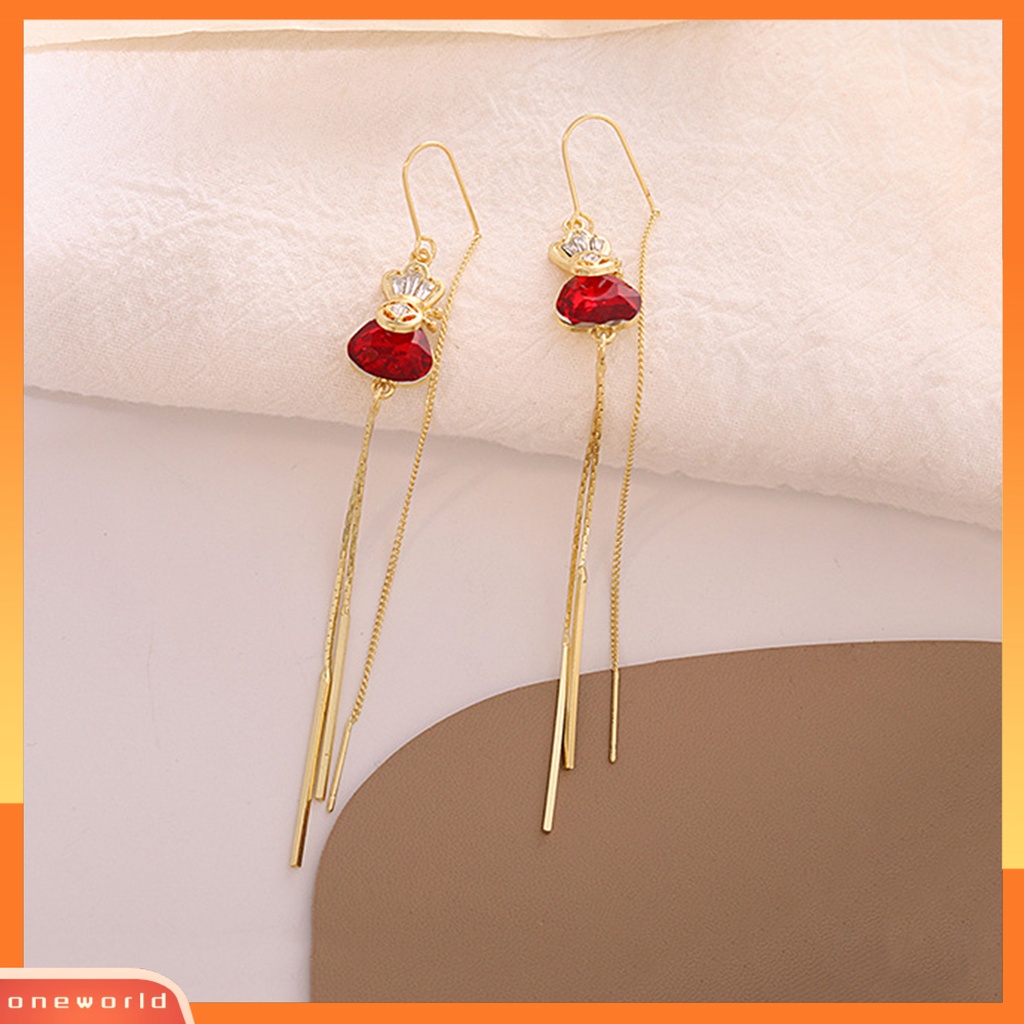 [WOD] 1pasang Anting Garis Telinga Tas Uang Rhinestones Perhiasan Merah Gaya Korea Anting Menjuntai Untuk Pernikahan