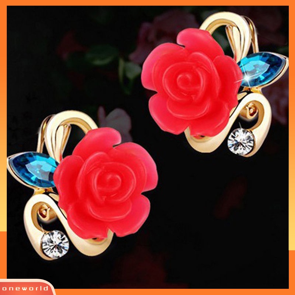 [WOD] 1pasang Elegan Retro Wanita Berlian Imitasi Mawar Bunga Flower Ear Stud Earrings