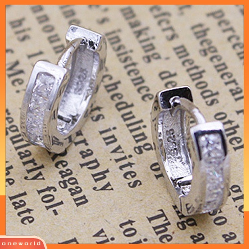 [WOD] Fashion Pria Perak Berlapis Bulat Kecil Persegi Berlian Imitasi Hoop Huggie Earrings