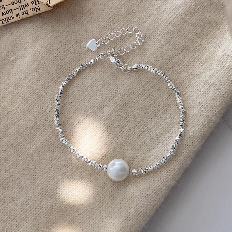 Roselife Korea Putih Mutiara Liontin Perak Bersinar Paillette Kecil Manik-Manik Gelang Untuk Wanita Perempuan Halus Mungil Berkilauan Pearl Bracelet Jewelry