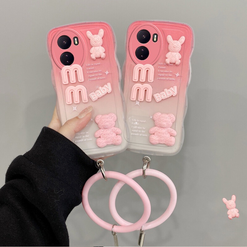 Andyh Desain Baru Untuk Vivo Y16 Y02S Case 3D Cute Bear+ Gelang Warna Solid Fashion Premium Gradient Soft Phone Case Silikon Shockproof Casing Pelindung Penutup Belakang