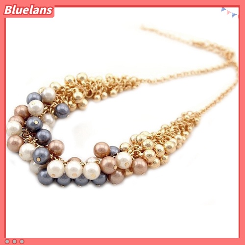 [BLS] Wanita Fashion Multilayer Mutiara Imitasi Choker Kerah Bib Statement Chain Necklace