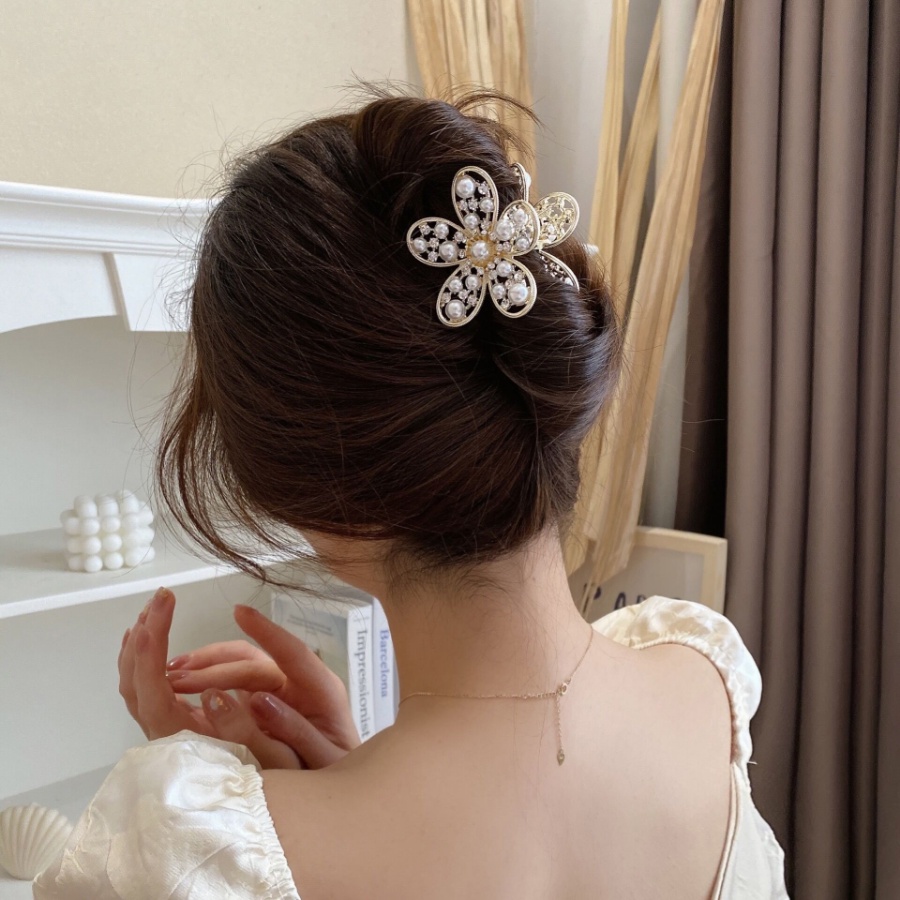 Korea Alloy Berlian Imitasi Bunga Rambut Klip Rambut Cakar Kristal Mutiara Jepit Rambut Ponytail Holder Woman Hair Accessories