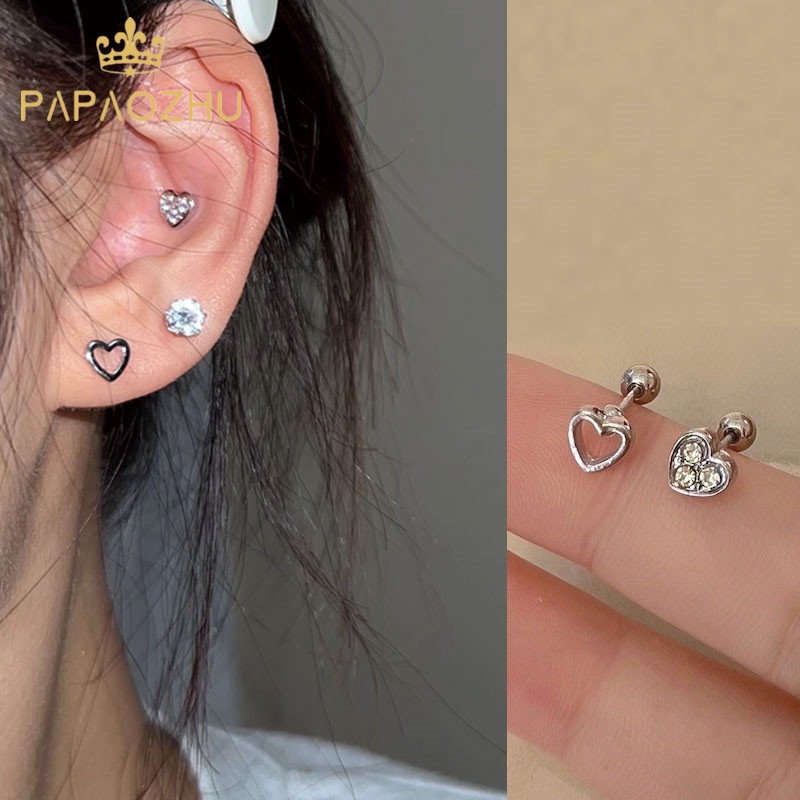 Papaozhu 2 Pcs Tidak Teratur s925 Perak Zirkon Berkilau Jantung Tindik Stud Anting-Anting Untuk Wanita Gadis Indah Berongga Jantung Sekrup Anting-Anting Fashion Telinga Perhiasan Hadiah