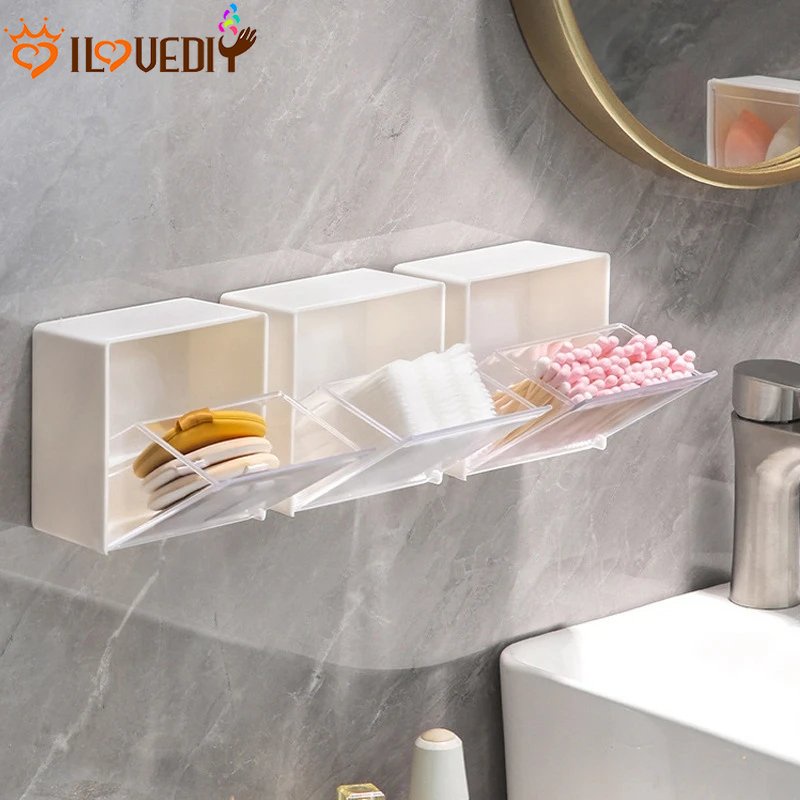 Untuk Hal Kecil Penyimpanan Kotak Perhiasan Perlengkapan Rumah Tangga Rak Dinding Plastik Tempel Dinding Cotton pad Holder Organizer Kamar Mandi Makeup Cotton Swab Makeup Case