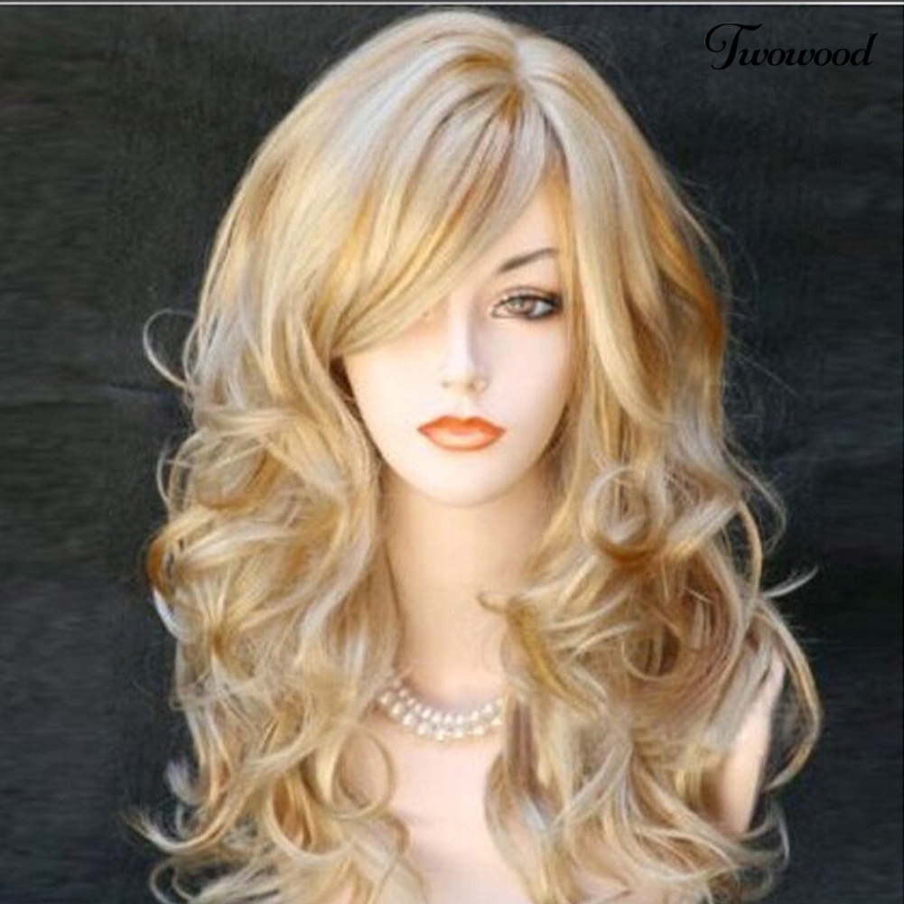 Twowood Sexy Golden Panjang Keriting Miring Poni Rambut Imitasi Wanita Wig Pesta Cosplay Sopak