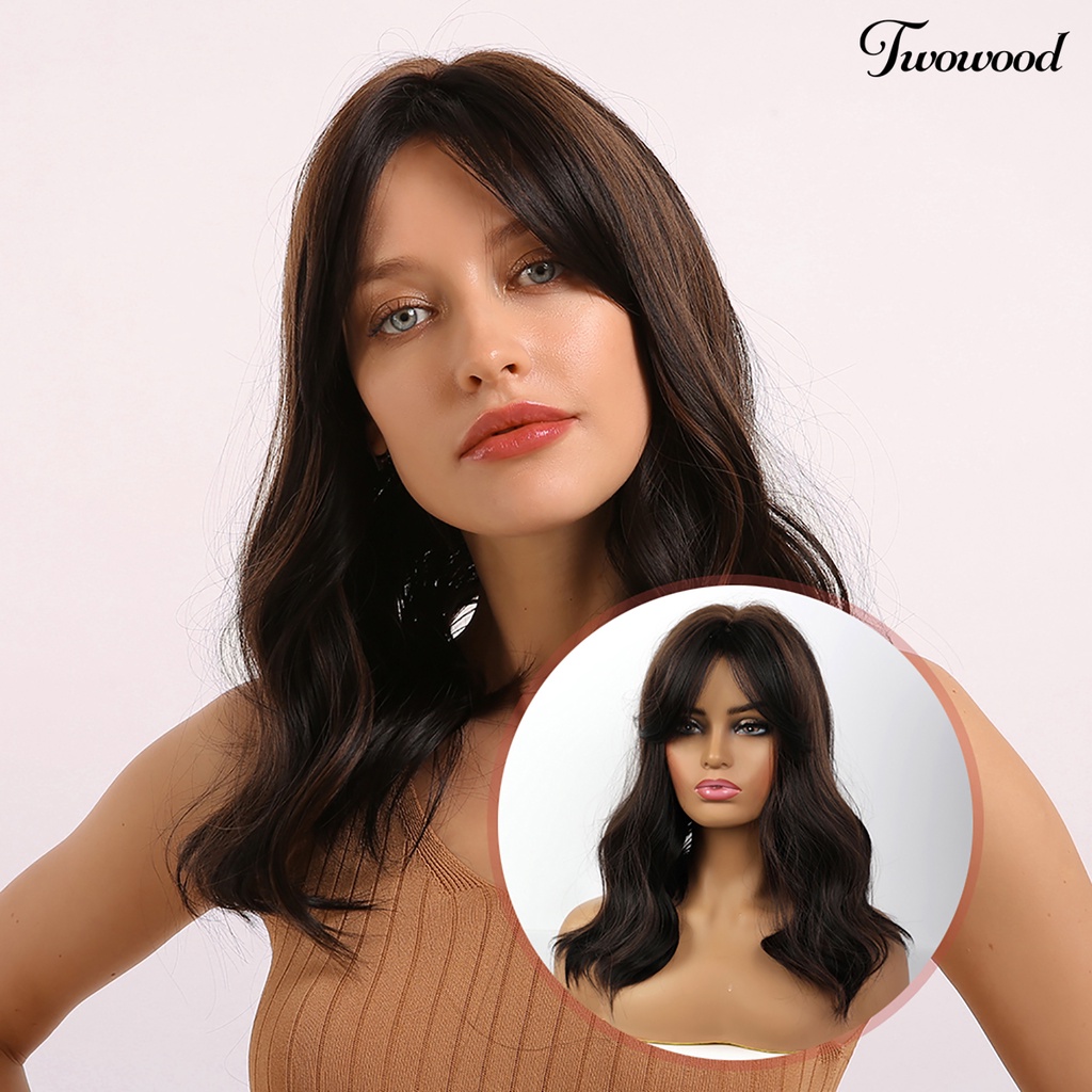 Twowood Fashion Wanita Bergelombang Medium Panjang Lembut Keriting Rambut Wig Cosplay Pesta Sopak Hadiah