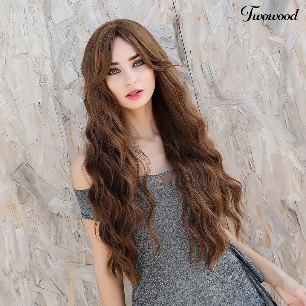 Twowood Wanita Fashion Panjang Bergelombang Keriting Rambut Pesta Cosplay Sintetis Alami Penuh Wig