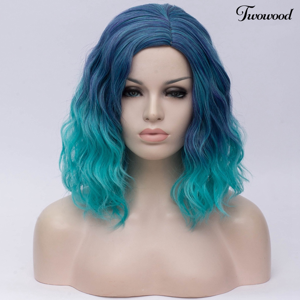 Twowood Wanita Fashion Gradien Mie Instan Keriting Medium Pendek Wig Cosplay Sopak