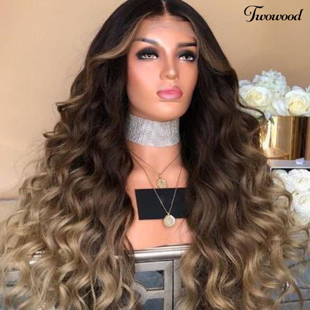 Twowood Wanita Panjang Keriting Wig Gradien Coklat Bergelombang Tahan Panas Sopak Pesta Cosplay