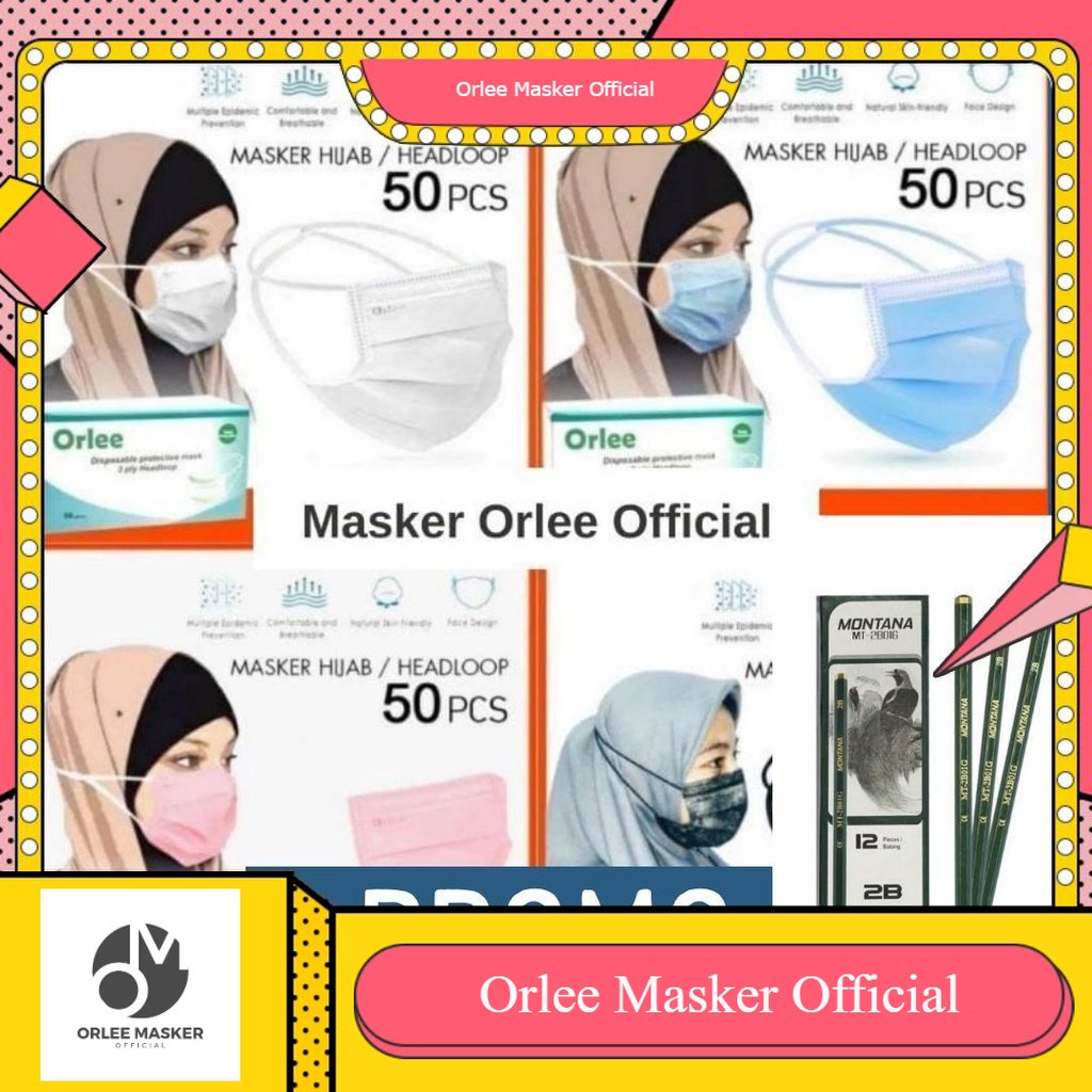 MASKER ORLEE ORIGINAL 100% 3ply HEADLOOP (tali hijab) ALL WARNA GROSIR SEHARI KIRIM dan eceran KEMENKES, isi 50