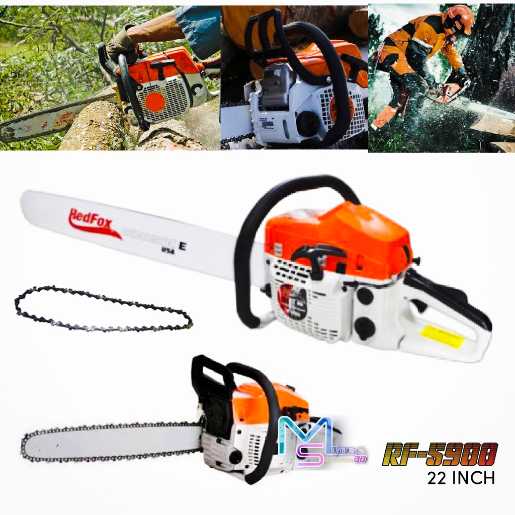 CHAINSAW RED FOX RF 5900H / MESIN GERGAJI / POTONG KAYU 2 TAK BENSIN / BAR 22” / LENGKAP SIAP PAKAITERSEDIA JUGA YUKIDO 22INC