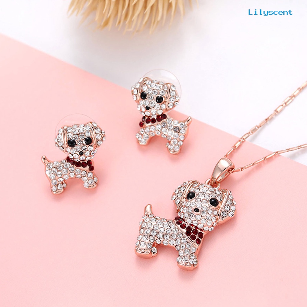 [LS]1 Set Wanita Anjing Kalung Indah Mewah Elegan Dainty Golden Hadiah Padat Berlian Imitasi Bertatahkan Puppy Stud Earrings Kit Fashion Perhiasan