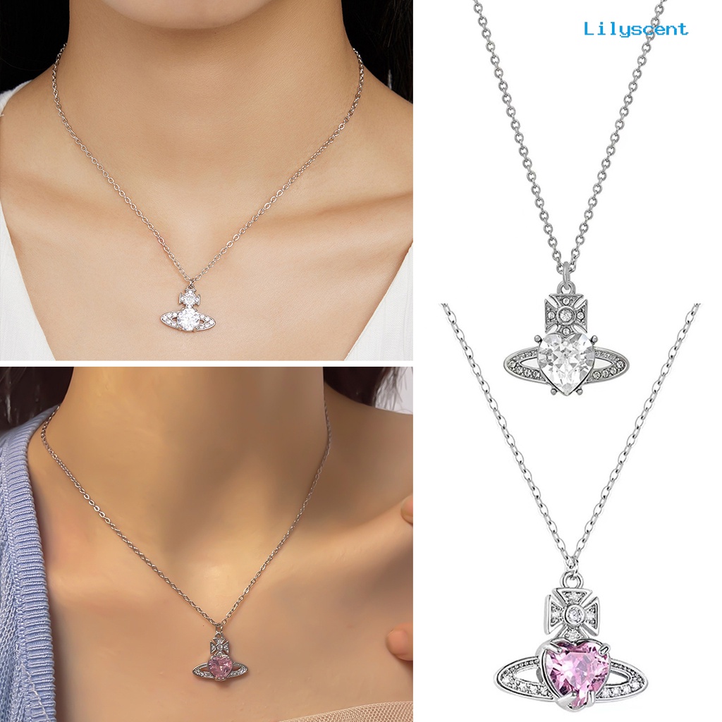 [LS]Ladies Kalung Hati Kristal Imitasi Mengkilap Geometris Berbentuk Kepribadian Electroplating Dress Up Indah Wanita Trendi Liontin Kalung Perhiasan Aksesori