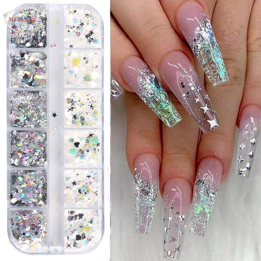 Mxbeauty Hexagon Nail Sequin Laser Mermaid Hologram Cinta Hati Glitter Bulan Manicure Geometris Tubuh Seni Payet