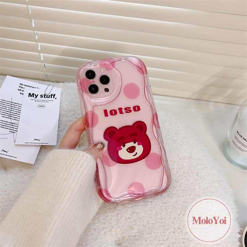 IPHONE Case Ponsel Beruang Strawberry Kartun Kompatibel Untuk Iphone7 6 8 6s Plus 11 13 12 14 Pro Max XR X XS Max 7Plus SE 2020 3D Wavy Curved Edge Holder Cover Dengan Penutup Bracket Manyo Lucu