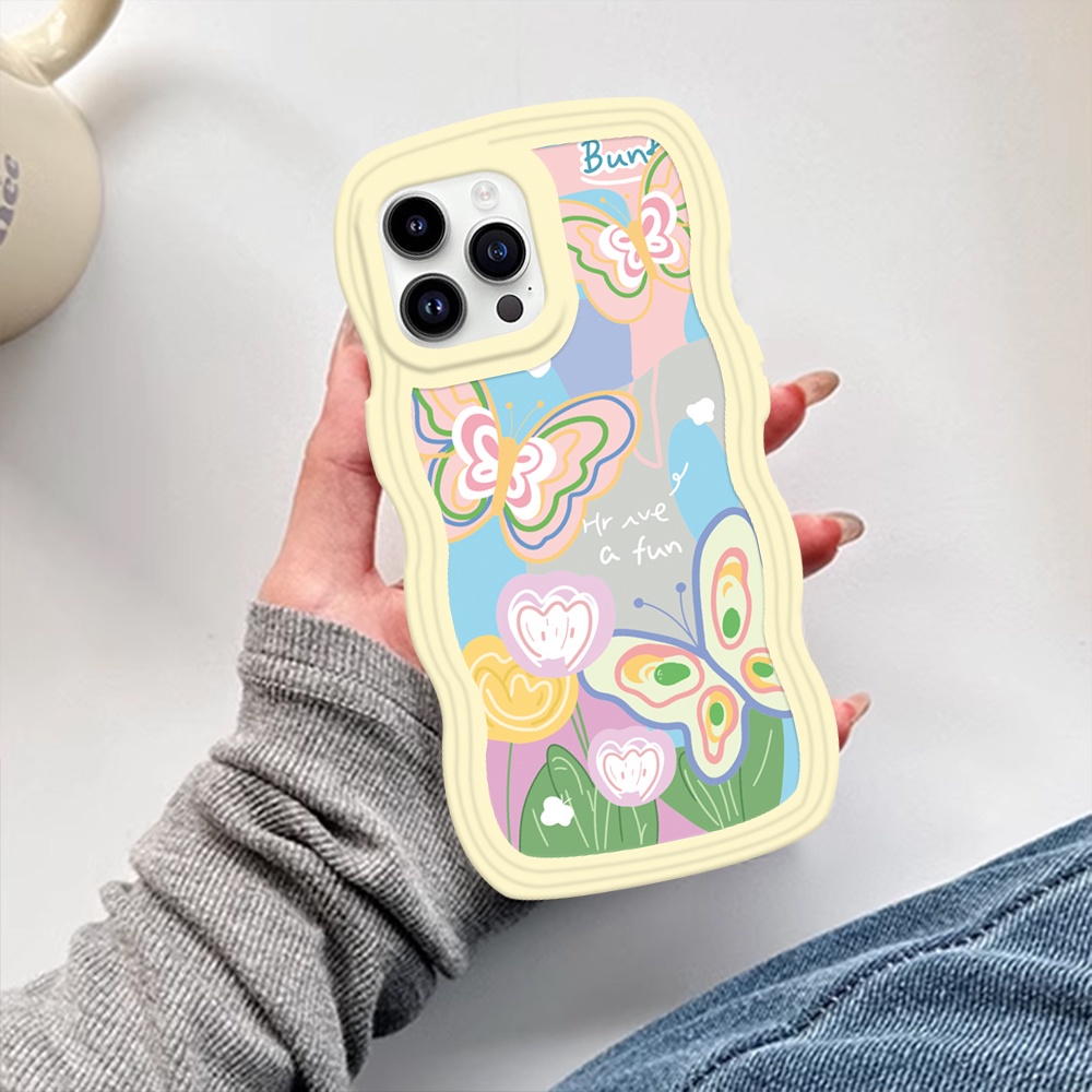 IPHONE Fashion Case Kompatibel Untuk Iphone14 7 8 6 6s Plus 11 12 13 Pro Max X 7Plus XR XS Max SE 2020 Ins Art Pola Clorful Kupu-Kupu Tepi Bergelombang Soft Case BY