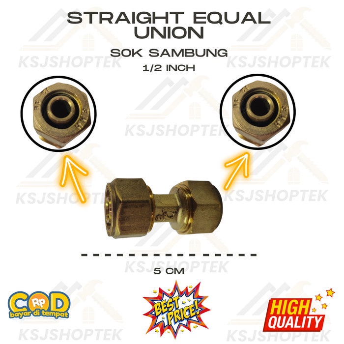 Straight Equal Union / Sok Sambung Kuningan 1/2 Inch Fitting Air Panas