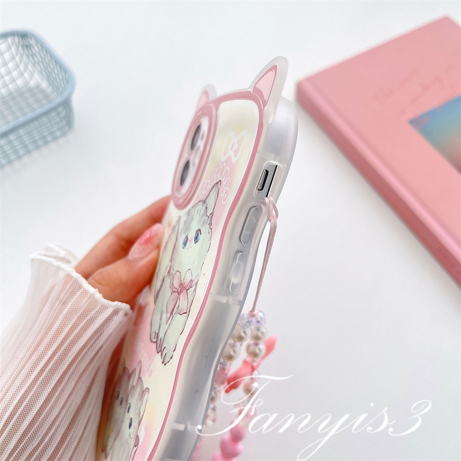 Compatible For iPhone 14 13 12 11 Pro Max X XR Xs Max 8 7 6 6s Plus SE 2020 Kompatibel Untuk Cute Pink Telinga Kucing Phone Case Clear Soft Cover Pelindung Dengan Rantai