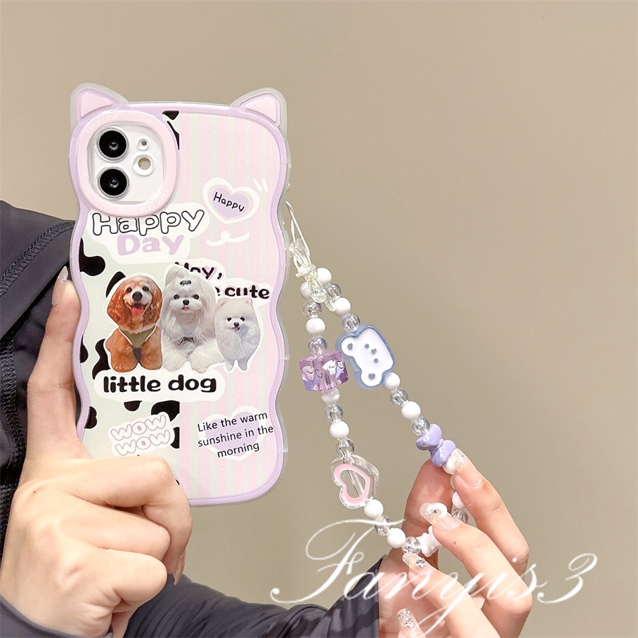Compatible For iPhone 14 13 12 11 Pro Max X XR Xs Max 8 7 6 6s Plus SE 2020 Kompatibel Untuk Tiga Lucu Mewah Anjing Telinga Kucing Casing Ponsel Bening Lembut Cover Pelindung Dengan Rantai