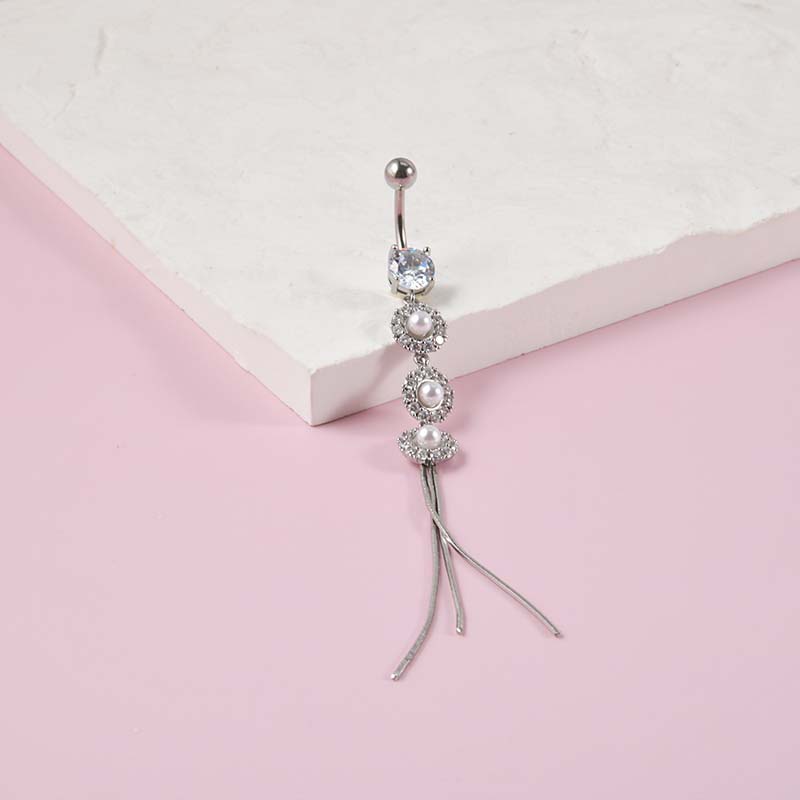 1biji Stainless Steel Panjang Rumbai Pusar Berbentuk Cakar Zirkon Mutiara Imitasi Pusar Cincin Panjang Pusar Dekorasi