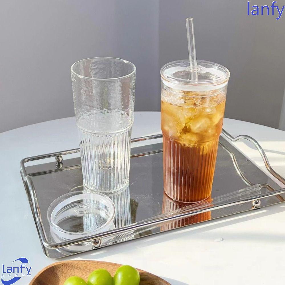 Lanfy Gelas Kaca 500 /600ML Dengan Tutup Gelas Minuman Transparan Tahan Panas Dingin Untuk Sarapan