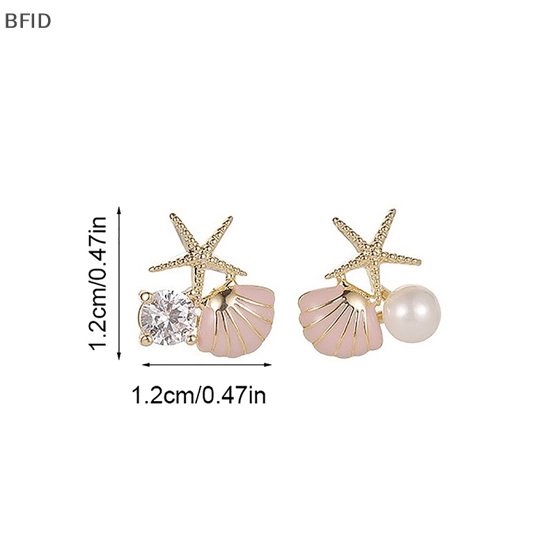 [BFID] 1pasang Paduan Asimetris Sederhana Bintang Laut Ear Studs Zircon Pearl Earrings [ID]